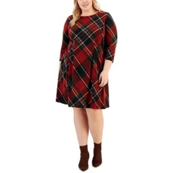 Connected Apparel Womens Plus Knit Plaid Shift Dress Size 20W - Picture 1 of 5